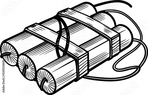 explosive bundle illustration dynamite sticks with fuses and wires, danger, caution, hazardous materials concept