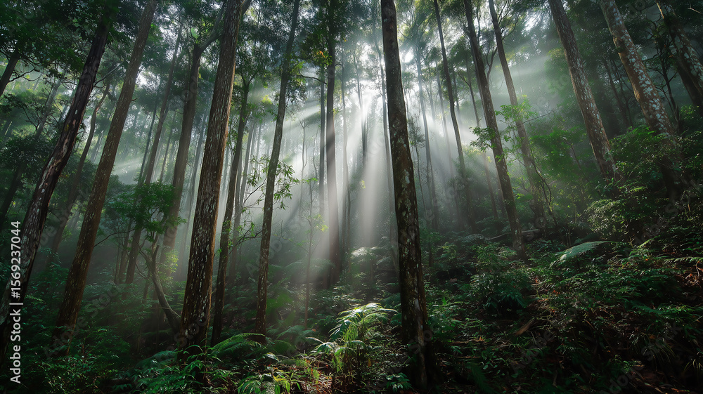 Fototapeta premium Cinematic angle showing ancient rainforest trees