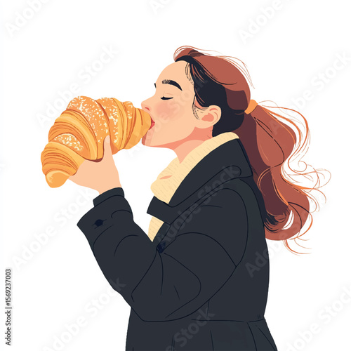 a girl biting a croissant