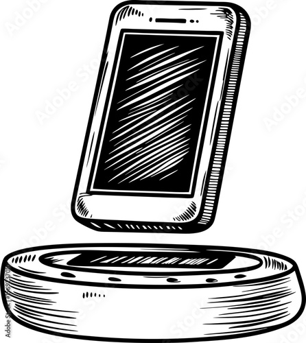 Floating smartphone above wireless charging pad, sketch modern technology, convenient energy transfer