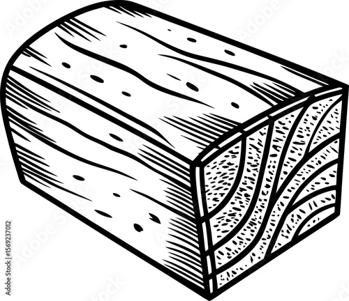 Wooden log section, hand drawn illustration timber block with natural texture, woodgrain lines and rings