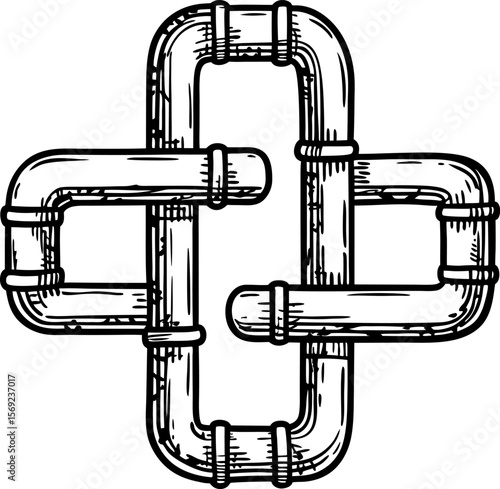 Industrial plumbing pipeline cross section interconnected steel pipes, four way junction, water utility infrastructure