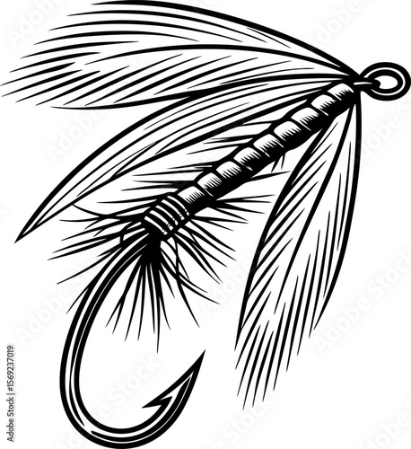Fishing fly with feather detail vintage hand drawn lure, classic hook design for angling, fly tying illustration