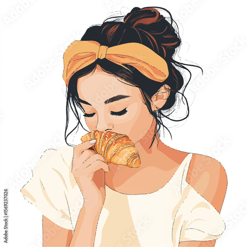 a girl biting a croissant