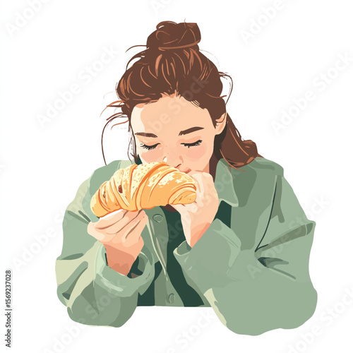 a girl biting a croissant