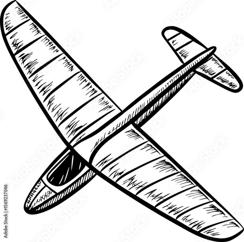 Hand drawn glider illustration detailed black and white sketch of soaring unpowered aircraft, aviation concept