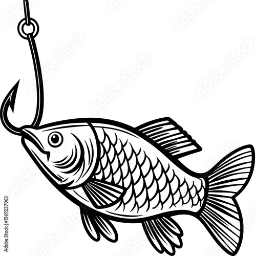 Fishing catch concept detailed fish and hook illustration, outdoor freshwater angling, hobby and sport activity