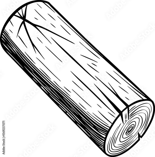 Single wooden log, hand drawn detailed cut tree trunk, timber with growth rings, natural wood texture