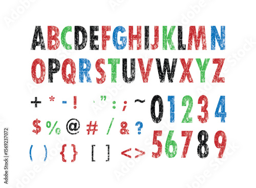 Grunge Style Colorful Alphabet and Symbol Vector Set
