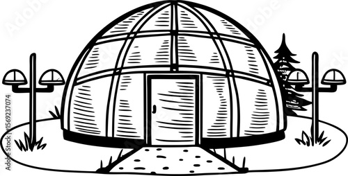 Geodesic dome house exterior line art modern eco friendly architecture, sustainable living shelter illustration