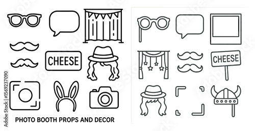 Collection of cartoon faces and props for photo booths. The props include a camera, a sign that says Cheese, and a Viking helmet