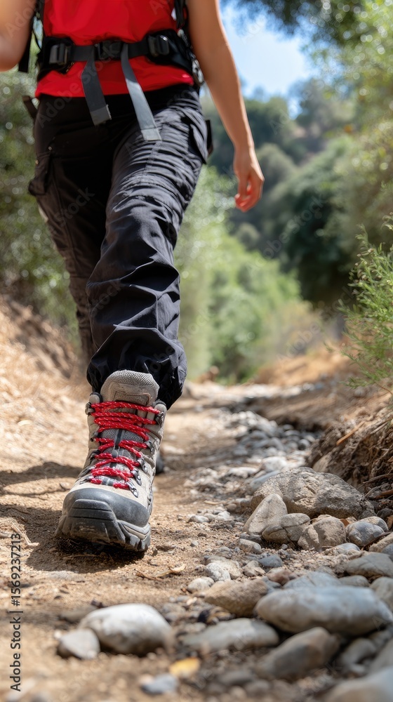 Close-up view of hiker walking on rocky path in sturdy boots during sunny day on isolated trail surrounded by nature Close-up view of hiker walking on rocky path in sturdy boots during sunny day on isolated trail surrounded by nature