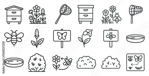 Collection of bee and flower related icons. The icons include a bee, a flower, a butterfly, a bee house, a bee sign, a bee sign with a butterfly, a bee sign with a leaf, a bee sign with a flower