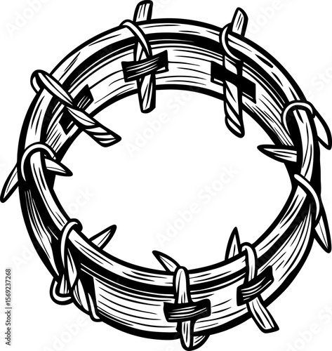 Crown of thorns black and white illustration sharp barbed circle, religious christian symbol, sorrow and sacrifice concept