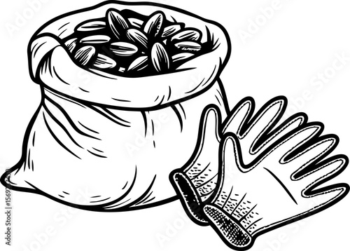 Garden gloves and sack of seeds farming supplies for planting and agriculture, hand protection, seed storage