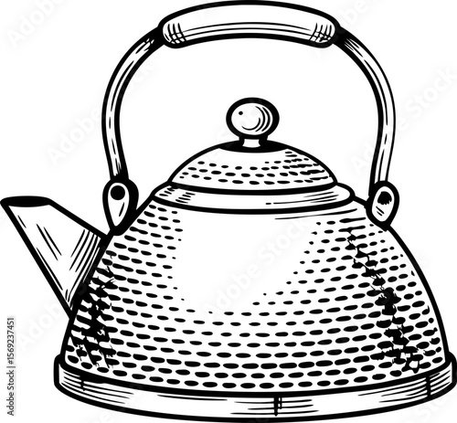 Vintage metal teapot with textured surface, classic handle and spout black and white sketch illustration