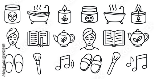 Set of icons for various beauty and relaxation products, including a bathtub, a book, a cup of tea, and a pair of slippers