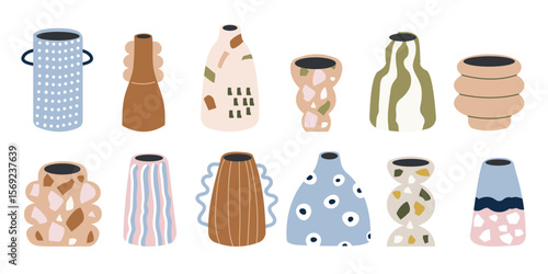 Set of vases. A collection of different geometric vases. Different types of ceramic pottery. Spring, summer elements sticker bundle