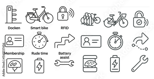 Collection of icons for various services and products, including a smart bike, RFID, and a membership card
