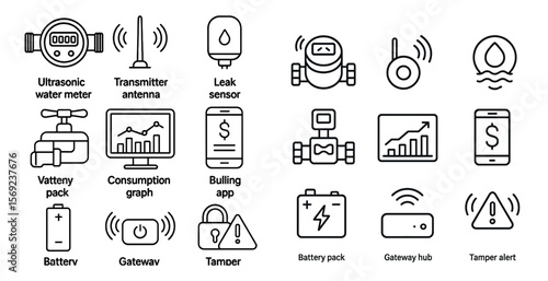 Collection of icons for various electronic devices and gadgets. The icons include a cell phone, a tablet, a computer, a smart watch, a smart meter, a smart lock, a smart thermostat