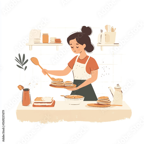 a girl cooking pancakes in kitchen