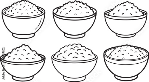 a bowl of rice line art, black outline, vector and illustration, coloring book page line art drawing set