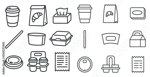 Set of food and drink items, including cups, napkins, and paper bags. The items are arranged in a line, with some overlapping each other. Scene is casual and relaxed