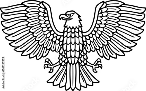 Majestic eagle with spread wings fierce predatory bird, black and white line art, detailed feathers, talons outstretched