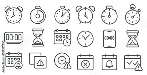 Set of clocks and calendars with a bell and a red exclamation point. The clocks are all different sizes and are lined up in a row