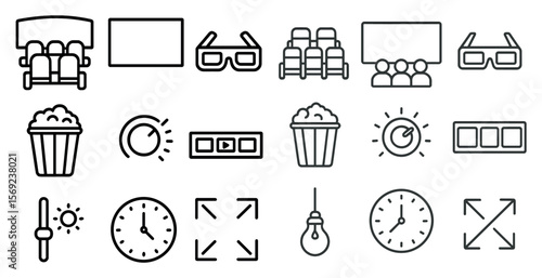 Set of icons for a movie theater. The icons include a movie theater, a movie theater seat, a movie theater popcorn bucket, a movie theater clock, and a movie theater seat
