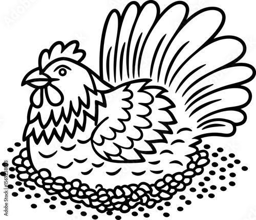 Hen sitting on nest with eggs outline farm animal line art illustration for agriculture, poultry, rural life concept