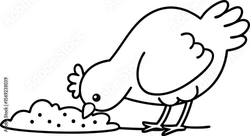 Chicken pecking grain outline farm animal eating food, simple black line drawing for coloring book pages