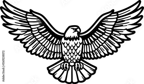 Strong majestic eagle with wings spread wide bold black outline, flying bird symbol of power and freedom