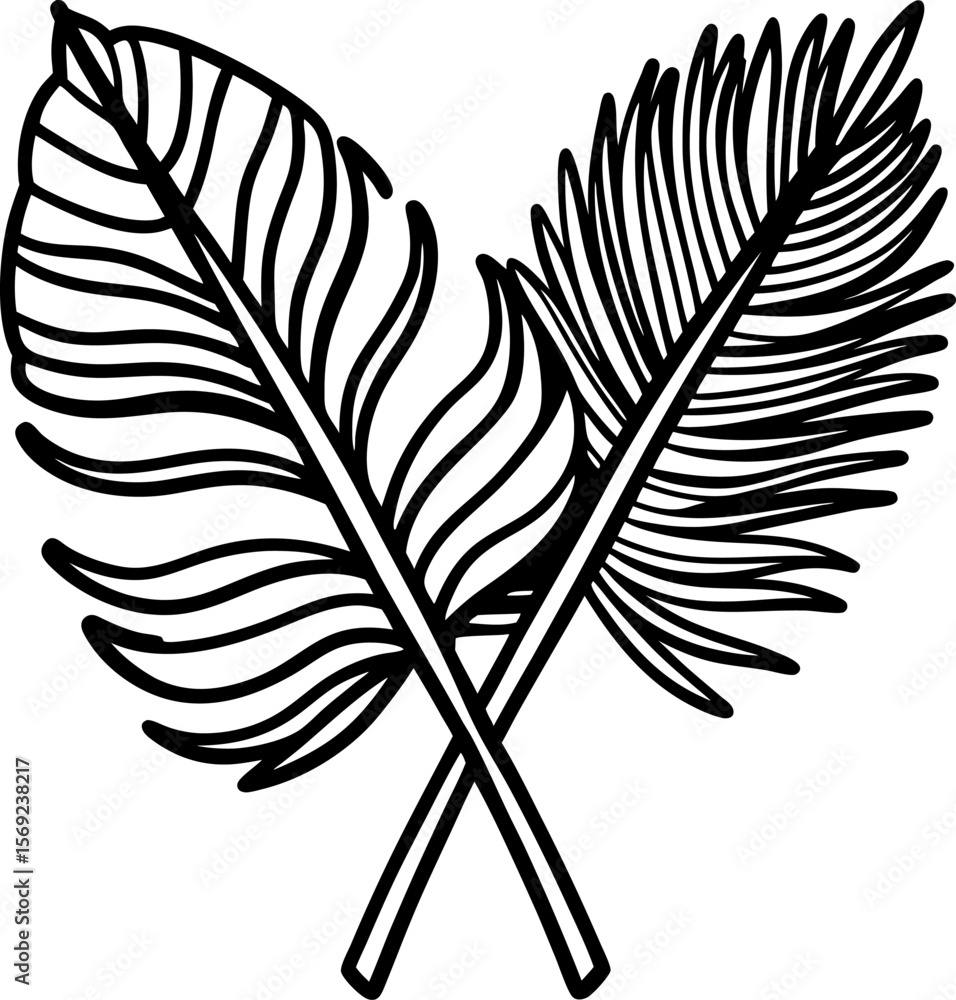 Obraz premium Tropical palm and banana leaves illustration minimal black outline, botanical plant silhouette, nature decor