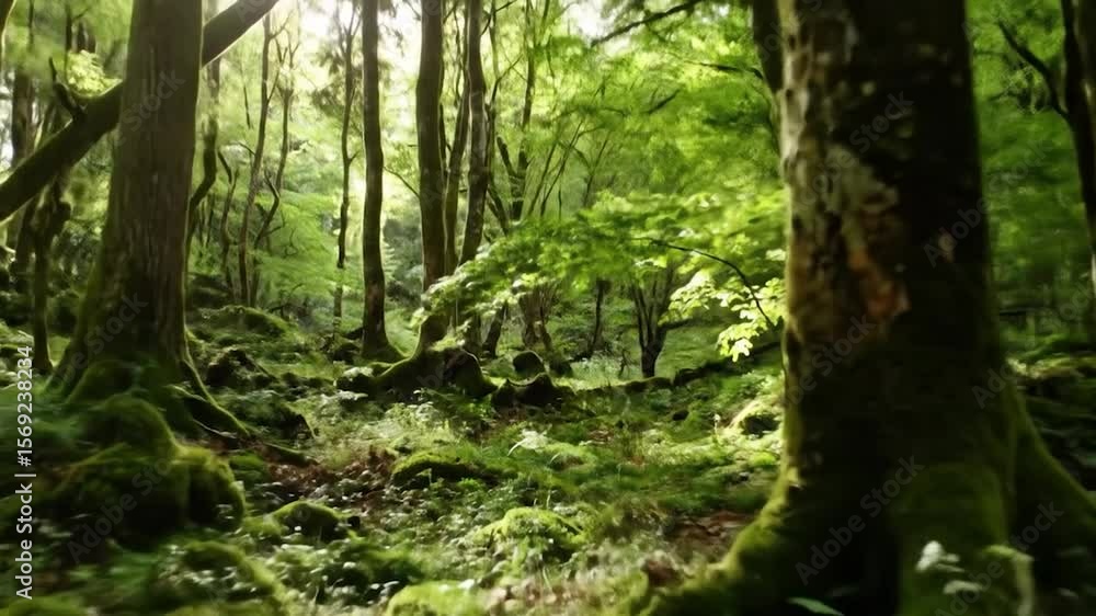 Lush, mossy forest floor bathed in sunlight Lush, mossy forest floor bathed in sunlight