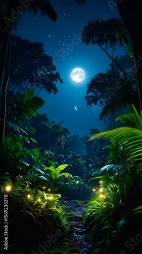 Lush jungle path at night under a full moon