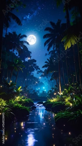 Lush tropical jungle at night, illuminated by moonlight and bioluminescent lights