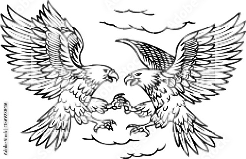 Two eagles with outstretched wings facing each other, talons locked, detailed black line drawing illustration