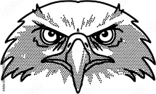 Fierce eagle head illustration in bold black and white, intense predatory eyes, halftone graphic art
