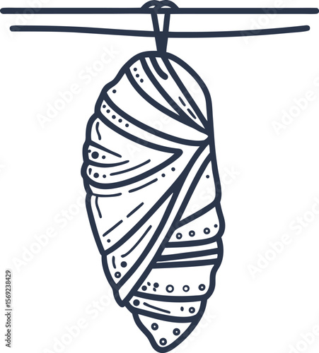 Butterfly cocoon hanging on branch monochrome outline chrysalis, metamorphosis life cycle transformation symbol