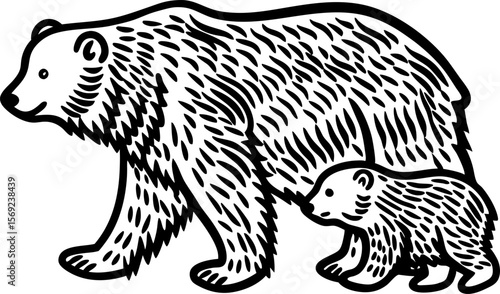Polar bear and cub illustration in black and white animal family, wildlife protection, arctic species, nature conservation