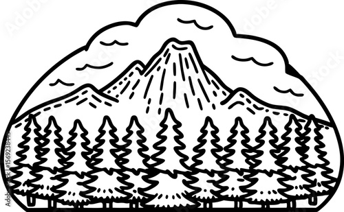 Mountain landscape with conifer forest and clouds hand drawn outline nature scene, wilderness adventure concept