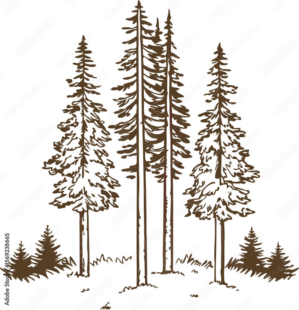 Obraz premium Tall evergreen pine trees illustration vintage hand drawn forest landscape with firs and conifers, nature woodland scene