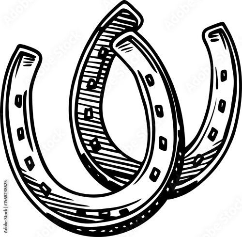 Horseshoes illustration vintage black and white drawing, luck symbol, traditional iron object, good fortune concept