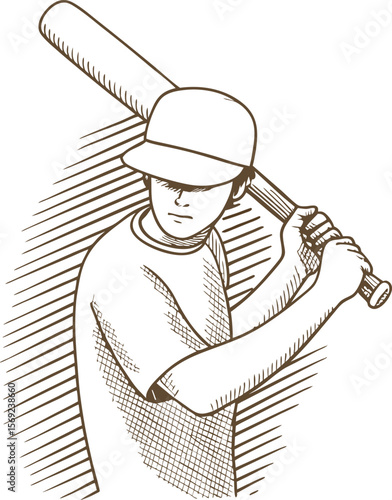 Baseball player preparing to bat hand drawn sports illustration with hat, bat, focused stance, action ready