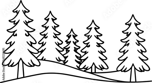 Pine trees in forest landscape, black and white line art nature illustration with conifer outlines on hills