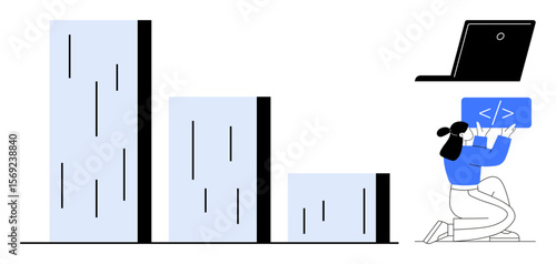 Bar chart declining, kneeling woman debugging code snippet, open laptop. Ideal for coding, analytics, programming, data visualization, software development, technical skills simple landing page