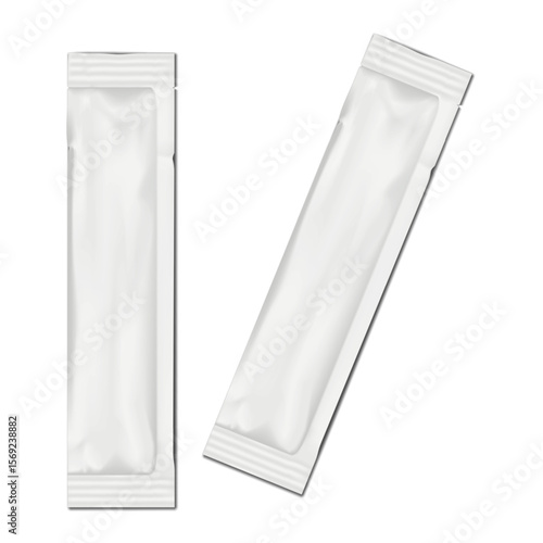 Blank white three-side seal sugar stick sachet packet with tear notches. 3d mockup. Long plastic pouch bag. Realistic vector mock-up. Food, medical product individual package. Template for design