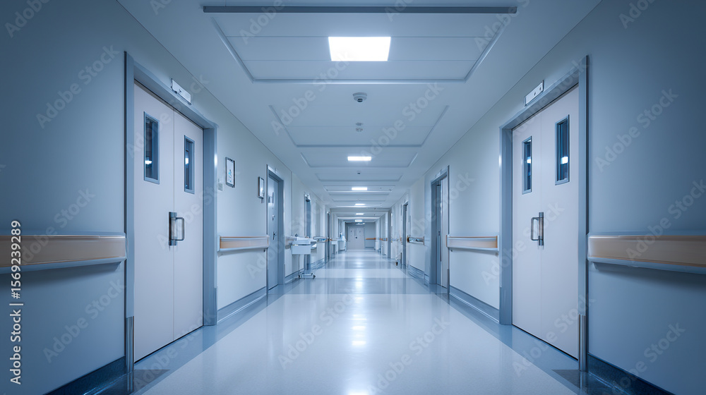 Bright glowing lights in a hospital corridor creating an atmospheric and abstract environment. Bright glowing lights in a hospital corridor creating an atmospheric and abstract environment.