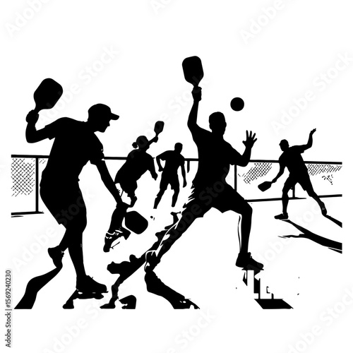 Dynamic Pickleball Players Silhouettes on Court with Net